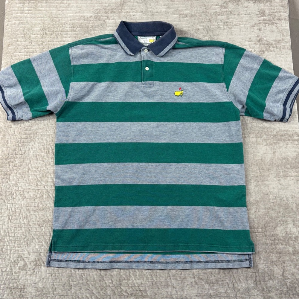 Slazenger Augusta National Golf Shop Polo Shirt Mens Large Green Gray Striped L